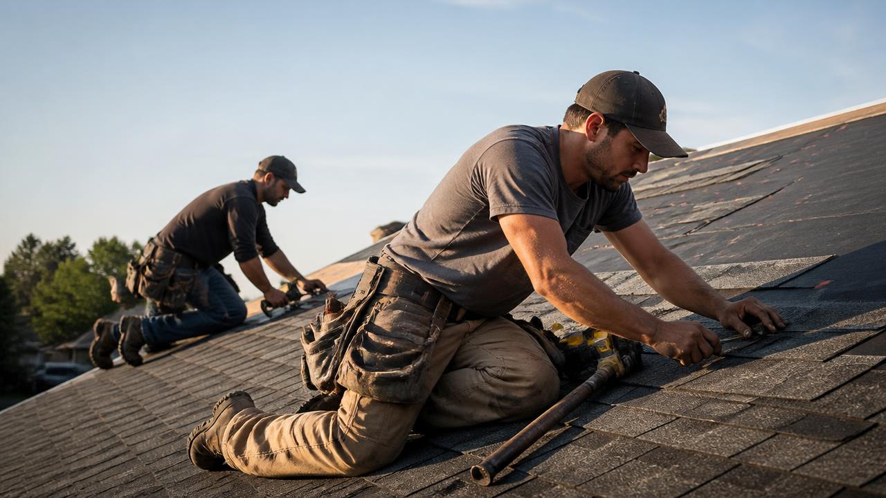 Roofers installing shingles on a residential roof