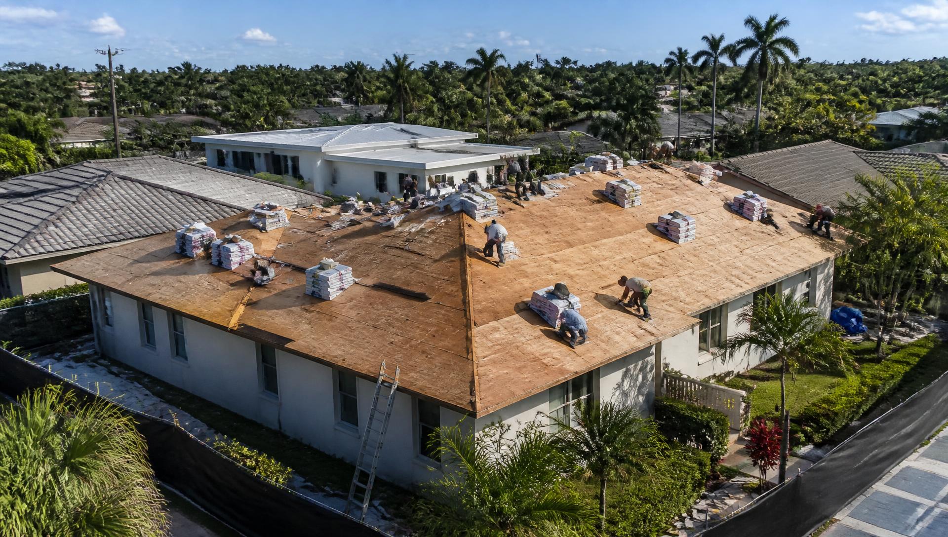 Aerial view of a residential roof replacement in a Florida neighborhood